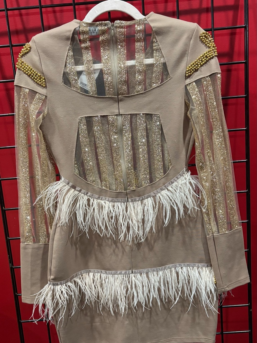 AKIRA Taupe Mini Dress with Gold Beaded Detail & Feather Trim - Picture 5 of 6